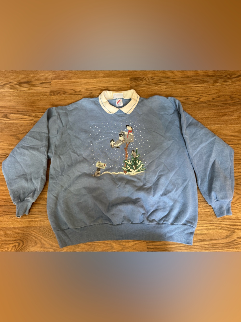 Cozy Blue Crewneck Sweater with Cream Collar and Winter Bird Motif